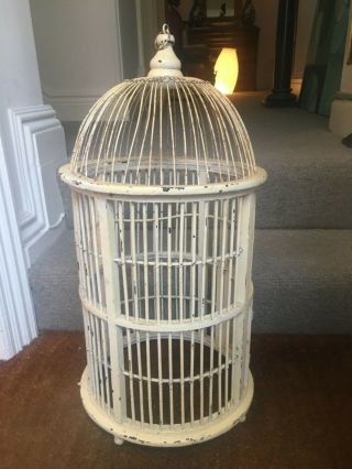 Vintage Off White,  Wood And Wire Frame Bird Cage With Dome Top,  Door And 62cm Ta