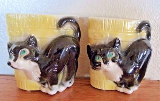 2 Matching Vintage Black Cat Planters And