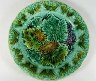 Antique French Majolica Art Nouveau Green Vine Leaves Victorian Wall Plate C1890
