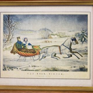 Vintage Currier And Ives " The Road - Winter " In Wood Frame With Gold Inset 1853