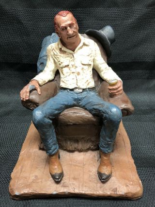 Vintage Michael Garman Signed Art Statue Sculpture Cowboy Sitting Leather Couch
