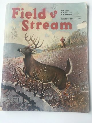 December 1944 Field & Stream Deer Running From Hunter In Thick Patches Of Woods