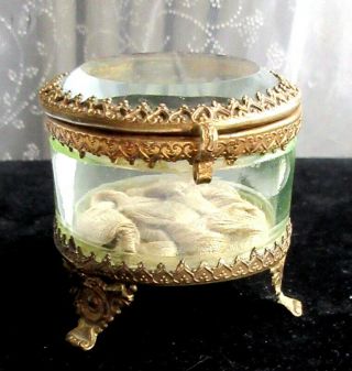 Little Antique Victorian Beveled Glass Footed Trinket Ring Jewelry Box 2 "