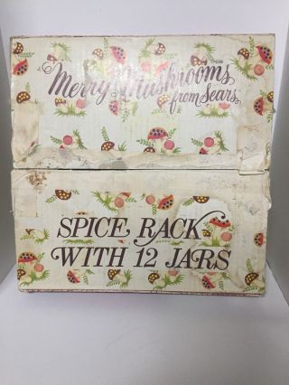 Vintage Sears Roebuck Merry Mushroom 12 Jar Spice Set Wood Rack Ob 1970s