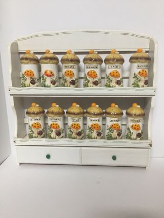 Vintage Sears Roebuck Merry Mushroom 12 Jar Spice Set Wood Rack OB 1970s 2