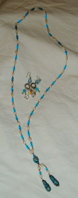 Vintage Lariat Style Necklace,  Chandelier Earrings Set Lampwork Art Glass Beads