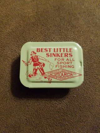 Vintage Fishing Lure Sinker Tin Box " Best Little Sinkers Utica N.  Y.  "