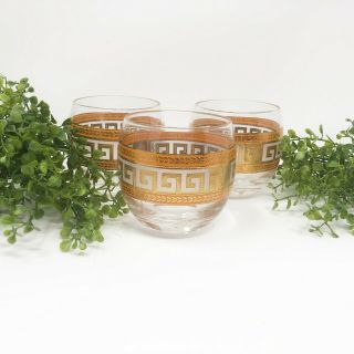 Culver Greek Key Roly Poly Set Of 3 Orange And Gold Barware Glasses Mcm Vintage
