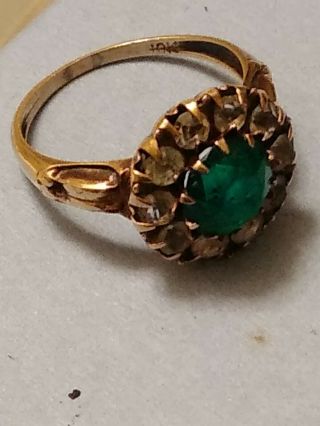 10k Yellow Gold Ring,  Vintage Green Emerald Set Around Diamonds