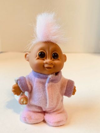 Vintage Russ Troll Doll Baby Girl Female Pink Hair Pajamas Bottle