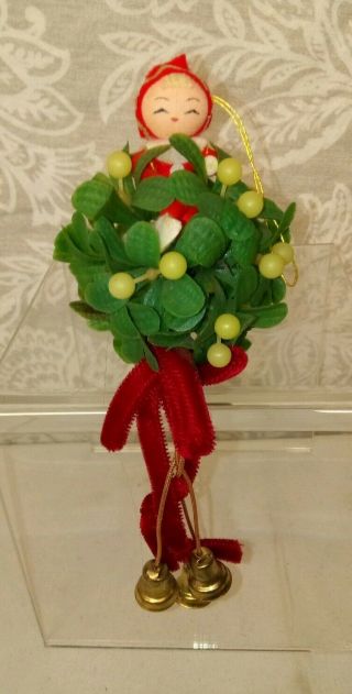 Vintage Plastic Mistletoe Hanging Kissing Ball With Pixie Elf /w Velvet Bow