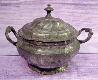 Pewter Serving Dish Finial Covered Two Handled Textured Swirled Vintage 5.  25 " H