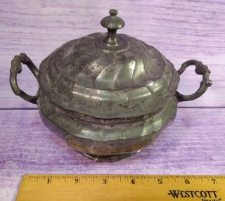 Pewter Serving Dish Finial Covered Two Handled Textured Swirled Vintage 5.  25 