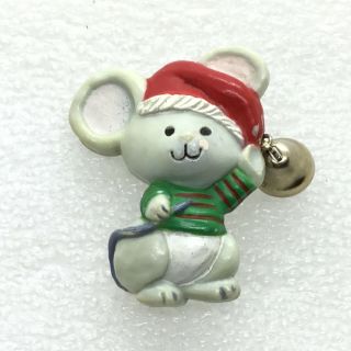 Signed Hallmark Cards Vintage Christmas Mouse Brooch Pin Santa Hat Bell Jewelry
