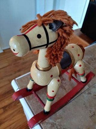 Vintage Christmas Wooden Rocking Horse Toy Or Decoration Yarn Mane And Tail 11 "