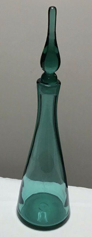 Vintage Teal Art Glass Decanter Bottle W/ Flame Blenko Mid Century Modern
