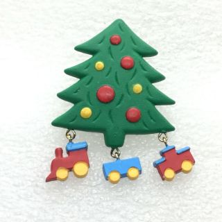 Signed Hallmark Cards Vintage Christmas Tree Brooch Pin Train Charms Jewelry