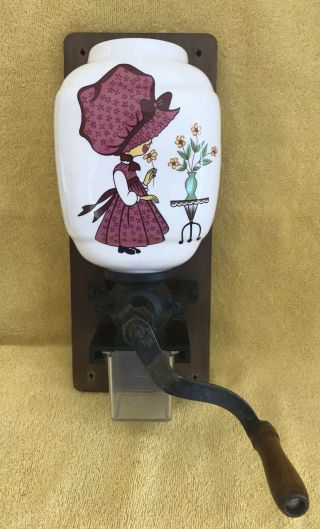 Vintage Coffee Mill Wall Mount Hand Grinder Delft Girl With Bonnet Flowers