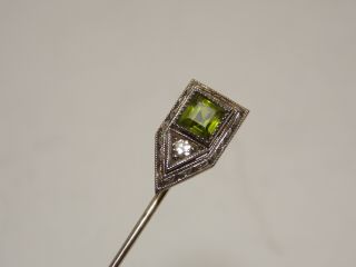 Antique 14k White Gold Stick Pin W/ Peridot & Diamond - Art Deco