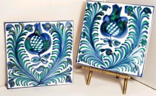 Vintage Ceramic Tiles 2 Blue/green/white Floral Tile Madrid Spain Tiles Pottery