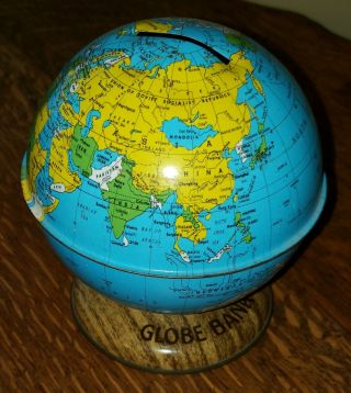 Vintage Metal Globe Earth World Bank - Blues,  Yellows,  Greens