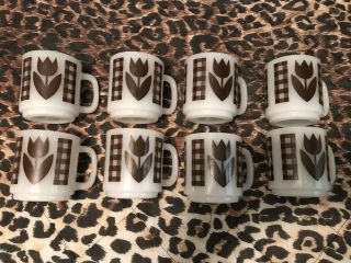 Set Of 8 Vintage Glasbake Brown Tulip Milk Glass Mugs Cups