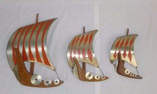 Set Of 3 Vtg Mid Century Modern Stylized Wood Metal Viking Ships Wall Hangings