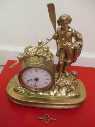19thc Antique Victorian Franch Boy Fishing Statue Gold Gilt Mantel Clock