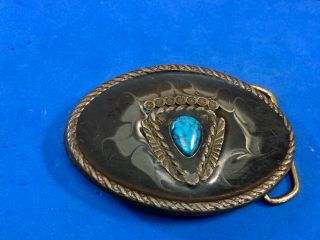 Vintage Real Or Faux Turquoise Stone Centerpiece In Arrowhead Belt Buckle