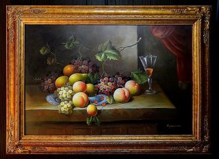 Still Life - Fruit & A Glass Of Brandy - Oil Painting Signed By C Freeman - 44 " X 32 "