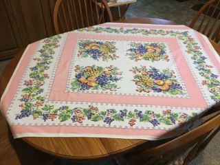Vintage 1950’s Pink Fruit Tablecloth Matching Napkins,