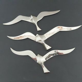 3 Vintage Flying Doves Wall Decor Mcm Mid Century Modern Plaques Chrome Metal