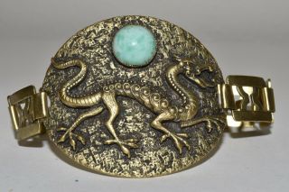 Vintage Art Deco Faux Jade Cabochon Brass Dragon Bracelet Czech Possibly