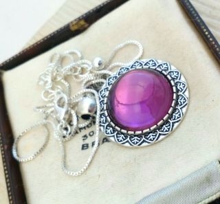 Vintage Stunning Amethyst Purple Glass Cabochon Tibetan Silver Pendant Necklace