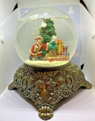 Vtg Large Christmas Musical Snow Globe X - Mas Tree On Bronzemetal Base