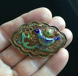 Vintage Chinese Enamel Blue Bird And Flowers Brooch Pin Gilt Silver Filigree