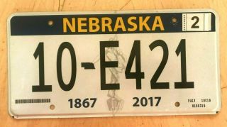 Nebraska Sesquicentennial 1867 150 Year Anniv.  Auto License Plate " 10 E 421 "