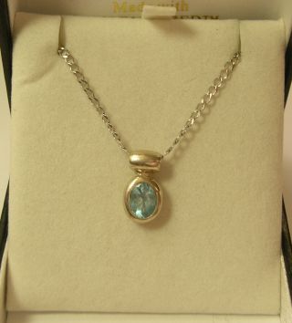 Lovely Small Oval Vintage Sterling Silver Blue Topaz Pendant & 18 " Curb Chain
