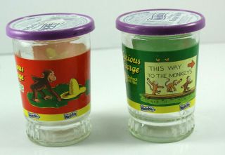 2 Vtg Curious George Welchs Jelly Jam Jar Drinking Glasses Monkey Lids 1 6