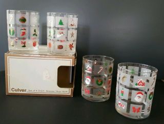Vintage Culver 4 Holiday Christmas Potpourri Glasses Double Old Fashioned 14 Oz
