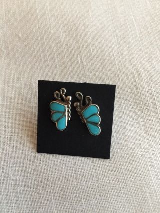 Vintage Zuni Inlay Sterling Silver Turquoise Butterfly Earrings