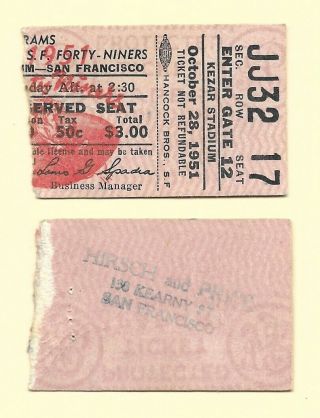 1951 San Francisco 49ers Vs Los Angeles Rams Ticket Stub At Kezar Stadium