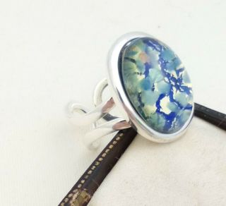 Vintage - 1950s Czech Blue Fire Opal Art Glass - Silver Plated Adjustable Ring
