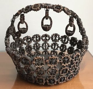Vintage Folk Art Primitive Hand - Carved Black Walnut Shell Basket