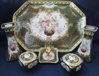 Antique Noritake Gilded Dressing Table Set,  Birds & Flowers
