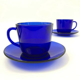 Vintage Cobalt Blue Glass Cups And Saucers Set Of 2