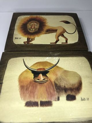 2 Vintage Retro Mid Century Wooden Wall Hanging Lion And Highland Cow Art