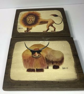 2 Vintage Retro Mid Century Wooden Wall Hanging Lion And Highland Cow Art 2