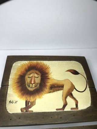 2 Vintage Retro Mid Century Wooden Wall Hanging Lion And Highland Cow Art 3