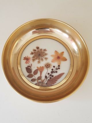 Vintage Brass Plated Trinket Tray Or Ash Tray With Pressed Flowers